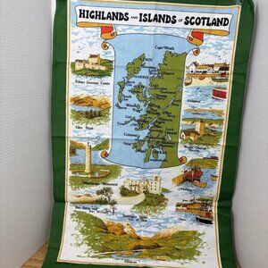 UNUSED Vintage HIGHLANDS AND ISLANDS OF SCOTLAND Tea Towel Hanging Map 19x29"